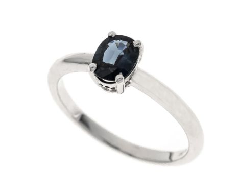 Saphir-Ring WG 750/000 mit einem oval fac. Saphir 0,66 ct Blau, transparent mit sehr wenig inneren Merkmalen, 6,02 x 4,96 x 2