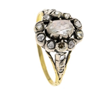Diamantrosen-Blüten-Ring GG/WG 585/000 und Silber 600/000 ungest., gepr., mit einer ovalen Diamantrose 7 x 5 mm und 16 runden