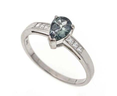 Alexandrit-Diamant-Ring WG 750/000 mit einem fac. Alexandrit-Tropfen 0,55 ct in einem blaustichigen Grün und 6 Prinzess-Diama