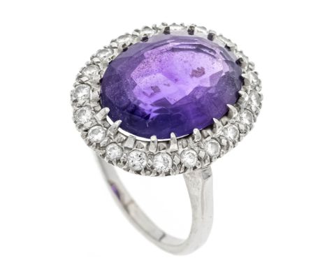 Amethyst-Brillant-Ring WG 585/000 mit einem oval fac. Amethyst 16 x 12 mm und 20 Brillanten zus. 0,45 ct W/SI, RG 57, 7,4 g