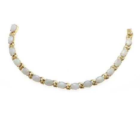 Opal-Armband GG 585/000 mit 15 ovalen Opal-Cabochons 8 x 6 mm, mit lebhaften bis leichten Farbenspiel, teilweise leicht rissi