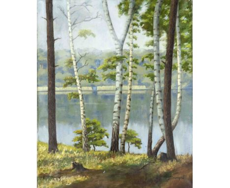 R. Strempel, dt. Künstler um 1910, von Birken gesäumtes Ufer an einem Waldsee, Öl auf Lwd., u. re. sign., 75 x 60 cm