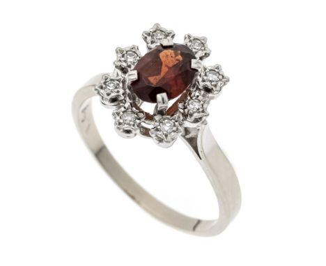 Granat-Diamant-Ring WG 585/000 mit einem oval fac. Granat 5,6 x 7,7 mm und 8 Achtkant-Diamanten, zus. 0,10 ct W/SI, RG 58, 4,