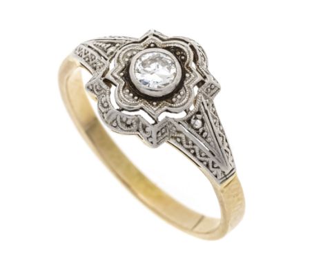 Art Déco-Diamant-Ring GG 585/000 mit einem Altschliff-Diamanten 0,24 ct W/PI und zwei Diamantrosen 1 mm, RG 57, 2,6 g