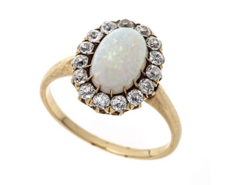 Opal-Altschliff-Diamant-Ring GG 585/000 mit einem ovalen Edel Opal-Cabochon 1,68 ct mit sehr gutem Farbenspiel, berieben,10,2