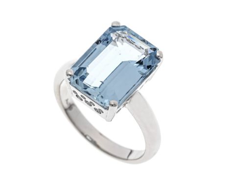 Aquamarin-Ring WG 750/000 mit einem im Smaragdschliff fac. Aquamarin 6,27 ct Hellblau, Augenrein, 13,63 x 9,64 x 5,66 mm, RG 