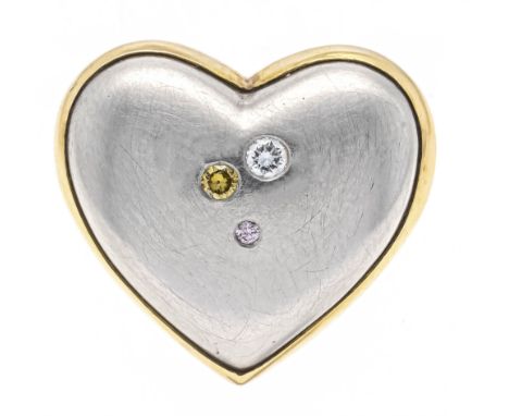 Herz-Anhänger GG 750/000 und Platin 950/000 ungest., gepr., mit 3 Brillanten, 0,06 ct TW, Fancy Yellow und Fancy light Pink/V