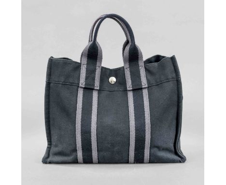 Hermes, Small Vintage Fourre Tout Canvas Tote Bag, schwarzes und anthrazitfarbenes Canvas, silberfarbene Hardware, kurze Dopp