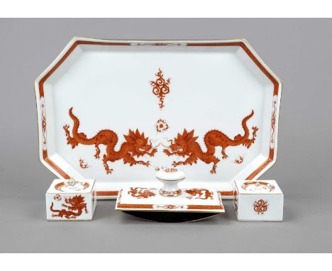 Tinten Set, 4-tlg., Meissen, Marke 1957-1972, 2. W., Dekor Roter Ming Drache, achteckiges Tablett, Modellnr. K 100, best., 39
