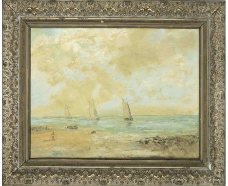 K. (Karl?) Arnold, Landschaftsmaler um 1900, Strandpartie mit Segelbooten, Öl auf Hartfaser, u. re. sign. K. Arnold, verso we