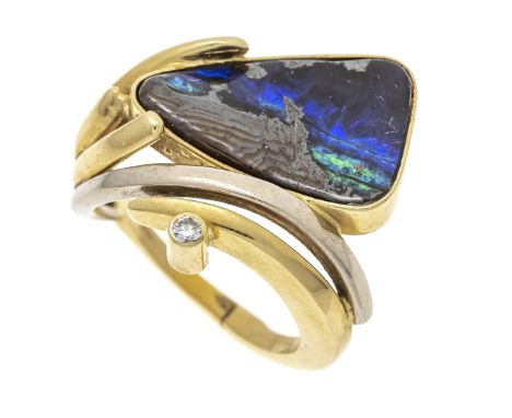 Boulderopal-Brillant-Ring GG/WG 585/000 mit einem Boulder-Opal 18,7 x 12,3 mm, mit blaugrünem Farbenspiel, und einem Brillant