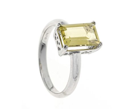 Gelber Beryll-Ring WG 750/000 mit einem im Smaragdschliff fac. gelben Beryll 1,5 ct leicht grünstichiges Gelb, Augenrein, 10,