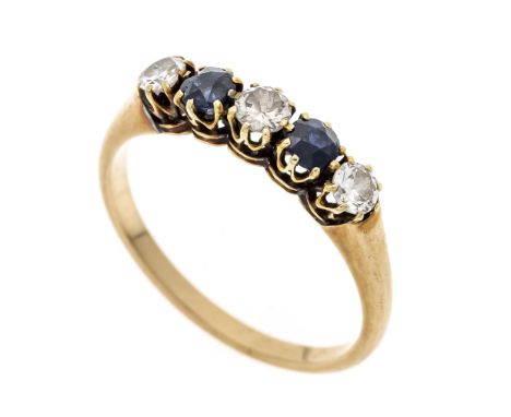 Diamant-Saphir-Ring RG 585/000 mit 3 Altschliff-Diamanten, zus. 0,35 ct l.get.W/SI und 2 rund fac. Saphiren, 3,1 mm, RG 55, 2