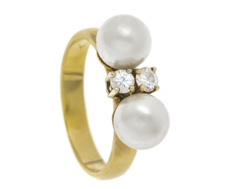 Akoya-Brillant-Ring GG 585/000 mit 2 cremeweißen Akoyaperlen 7,2 mm und 2 Brillanten, zus. 0,22 ct l.get.W/SI, RG 56, 4,8 g