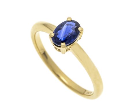 Saphir-Ring GG 750/000 mit einem oval fac. Saphir 0,81 ct in einem leuchtenden Blau, Augenrein, 6,64 x 4,66 x 3,13 mm, kleine
