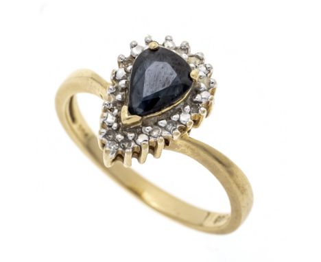 Saphir-Diamant-Ring GG 585/000 mit einem fac. Saphir Tropfen 7 x 5,2 mm und 12 Achtkant-Diamanten, zus. 0,03 ct get./SI-PI, R