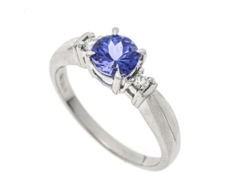 Tansanit-Brillant-Ring Platin 950/000 mit einem rund fac.Tansanit 0,93 ct in AAA-Qualität, 6 mm und zwei Brillanten zus. 0,07
