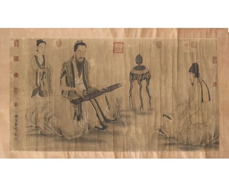 Zhong Ling(?): ''Für den Freund die Zither spielen'', Hängerolle, Tusche und Farben auf Papier, mehrere Siegel, 150x77cm(gesa