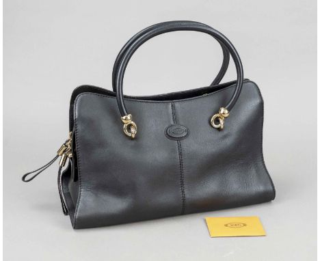 Tod's, Black Vintage Shoulder Bag, schwarzes Leder, goldfarbene Hardware, mittellange Doppelhenkel an Ringen, frontal applizi