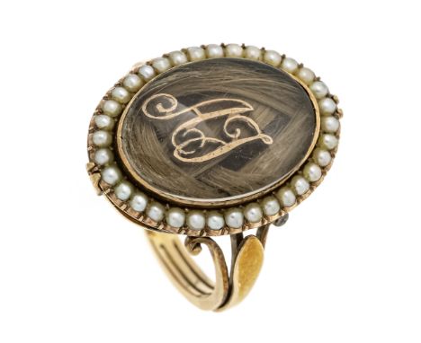 Antiker Souvenir d'Amour Ring RG 416/000 ungest., gepr., mit einer Haarlocke und den Initialien AJ hinter einer ovalen Bergkr