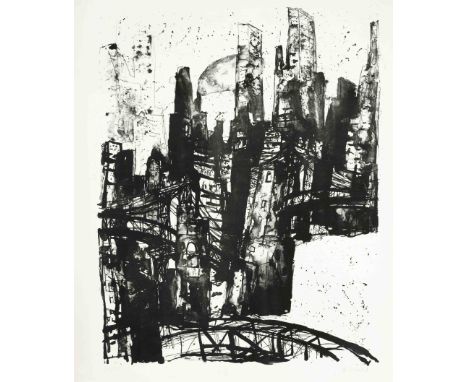 Unidentifizierter Grafiker Ende 20. Jh., ''Brücken in Manhattan'', zwei Lithographien in Schwarz, u. re. undeutlich handsign.