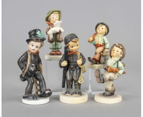 Fünf Figuren, 4 Hummel, Goebel, 1990er Jahre, Hinaus in die Ferne, Hum 79, H. 12 cm, Schäferbub, Hum 68, H. 11,5 cm, Wanderbu