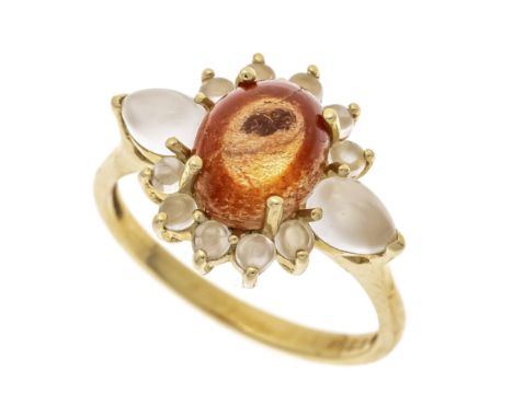 Mondstein-Ring GG 585/000 mit einem ovalen Mondstein-Cabochon 10 x 8mm in einem leuchtenden leicht braunstichigen Orange und 
