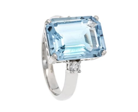 Aquamarin-Brillant-Ring WG 750/000 mit einem im Smaragdschliff fac. Aquamarin 6,48 ct Hellblau, Augenrein, 13,36 x 10,52 x 6,