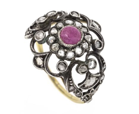 Rubin-Diamantrosen-Ring GG 585/000 und Silber um 1890 mit einem Rubincabochon 4 mm und Diamantrosen, RG 59, 3,9 g
