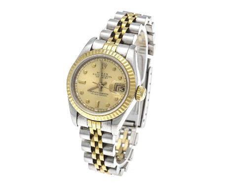 Rolex Damenuhr Oyster Perpetual Daydate, Chronometer, Ref. 69173 aus 1986, Stahl/Gold mit Saphirglas und Zycloplupe, goldf. Z