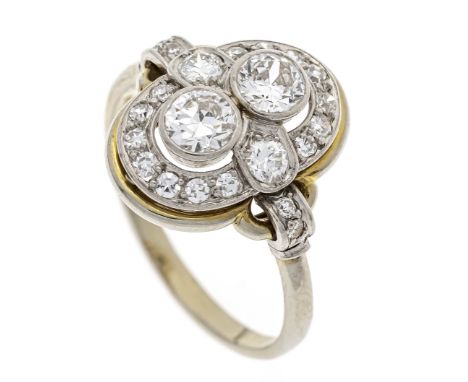 Art Déco Altschliff-Diamant-Ring WG 585/000 mit vier Altschliff-Diamanten und 18 Achtkant-Diamanten, zus. 1,38 ct W/SI, RG 58