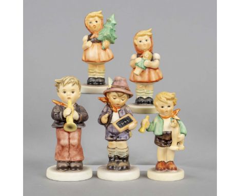 Fünf Hummelfiguren, Goebel, 1990- 2006, Fredis Lied, Hum 2244, Eins uns eins..., Hum 556, Mädchen mit Tanne, Hum 239/0, Mädch
