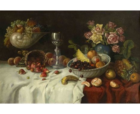 K. Reeh, Ende 19. Jh., üppiges Stillleben, Öl auf Lwd., u. re. sign., kl. Flicken mit Retusch am u. Rand, 70 x 100 cm, in ges