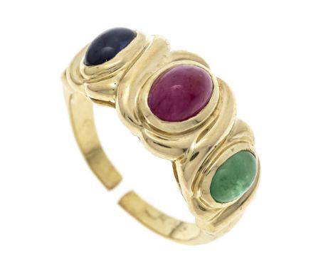 Multicolor-Ring GG 585/000 mit je einem ovalen Smaragd-, Rubin- und Saphir-Cabochon 5,8 x 4,2 mm und 6,8 x 4,8 mm in guten Fa