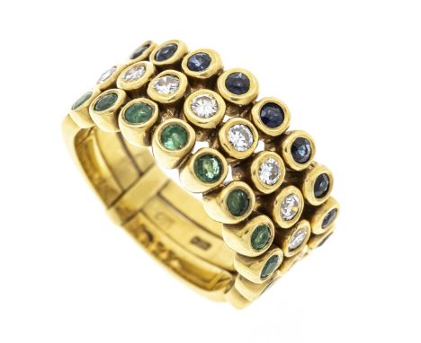 3-teiliger Rivière-Ring GG 750/000 mit 10 rund fac. Smaragden 2,1 mm, 10 rund fac. Saphiren 1,9 mm und 10 Brillanten, zus. 0,