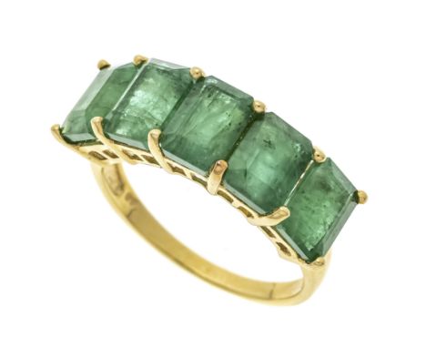 Smaragd-Ring GG 750/000 mit 5 im Smaragdschliff fac. Smaragden, zus. 4,4 ct in kräftigem Grün, transluzent, 7 x 5 mm, RG 54, 