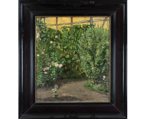 Anonymer Impressionist um 1900, blühende Büsche vor einer Fachwerkfassade, Öl auf Lwd. über Hartfaser, unsign., 54 x 45 cm, g