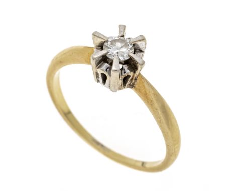 Brillant-Solitär-Ring GG/WG 585/000 mit einem Brillanten 0,20 ct W/VS-SI, RG 55, Ringkopf mit reparierter Bruchstelle, 2,9 g