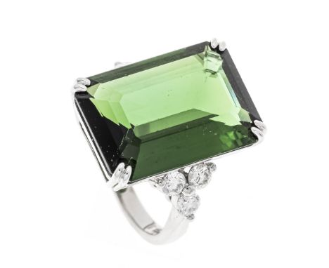 Turmalin-Brillant-Ring WG 750/000 mit einem im Smaragdschliff fac. Turmalin 14,1 ct dunkles leuchtendes blaustichiges Grün, A