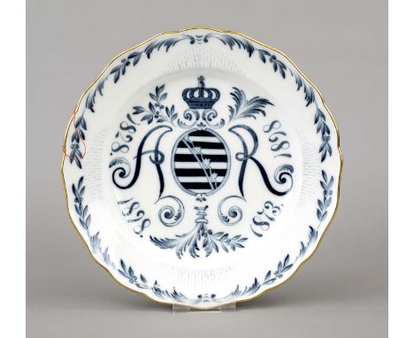 Jubiläumsteller, Meissen. Ende 19. Jh. Knaufschwerter 1850-1924, 1. W., Albert von Sachsen zum 25-jährigen Regierungsjubiläum