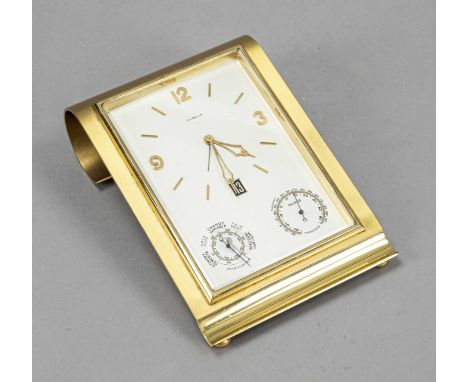 Gübelin Tischuhr/Schreibtischuhr, massiv Messing vergoldet, mit Thermometer, Barometer, Weckwerk und Datum, versilbertes Ziff