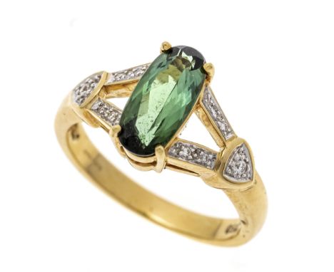 Turmalin-Brillant Ring GG 750/000 mit einem oval fac.1,53 ct Turmalin 11 x 5 mm und 10 Brillanten, zus. 0,06 ct W/VS, RG 54, 