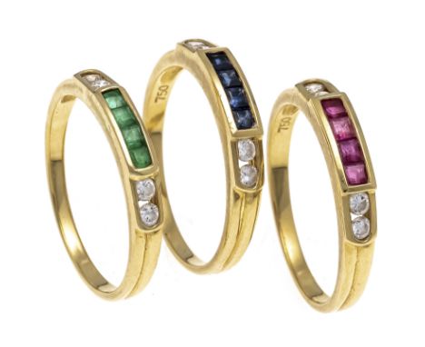 3-teiliges Ring-Set GG 750/000 mit je 4 fac. Rubin-, Smaragd- und Saphir-Carrées 2 x 2 mm und je 4 Brillanten zus. 0,48 ct W/