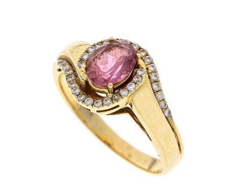 Turmalin-Brillant-Ring GG 585/000 mit einem oval fac. Turmalin 1,34 ct Braunstichiges Pink, transparent mit wenig inneren Mer