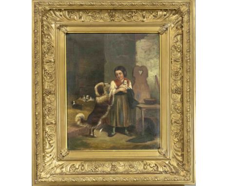 Unidentifizierter Genremaler des 19. Jh., Mädchen mit Hunden in ärmlichem Bauernhaus, Öl auf Lwd., u. re. undeutlich sign. ''