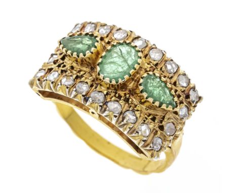 Smaragd-Diamantrosen-Ring GG 750/000 mit 3 oval und tropfenförmig fac. Smaragden sowie Diamantrosen, RG 57, 6,8 g