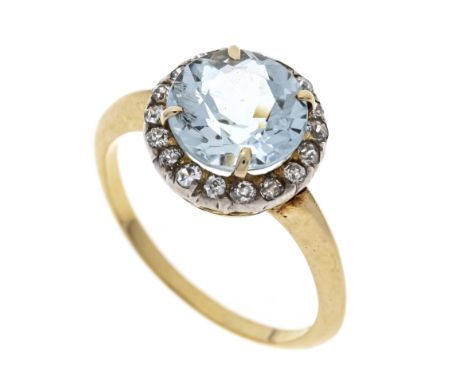 Aquamarin-Diamant-Ring GG/WG 585/000 ungest., gepr., mit einem rund fac. Aquamarin 8,3 mm, Hellblau - Blassblau, transparent 