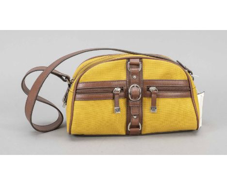 Aigner, Vintage Canvas Canary Shoulder Bag, ockergelbes Canvas mit Details aus rehbraunem Leder, silberfarbene Hardware, mitt