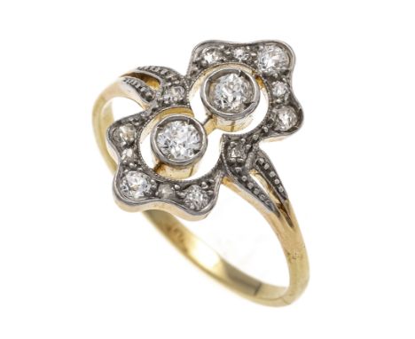Art Déco Schiffchen-Ring GG/WG 585/000 ungest., gepr., mit 14 Altschliff-Diamanten, zus. 0,37 ct l.get.W/SI-PI, RG 59, 3,4 g