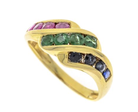 Multicolor-Ring GG 585/000 mit je 3 rund fac. Smaragden, Rubinen und Saphiren 3 mm, RG 56, 3,1 g